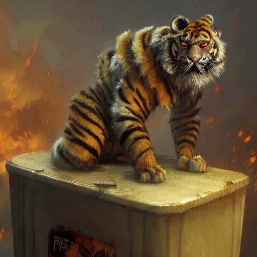 Image similar to shredded physique crisp defined furry fuzzy Man Streetfighter the elder scrolls oblivion Dude wearing Tiger Costume standing atop dumpster greg rutkowski greg danton tony sart raymond swanland chris foss chris cold christophe norman rockwell young acrylic 4k artstation wikiart wikipedia realism tilt-shift