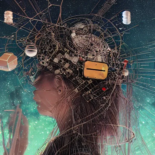 Image similar to space station on the moon, piles of modular synth cables mixed with mangrove roots, kawaii puerto rican goddess staring through your soul wearing a headpiece made of circuit boards, by cameron gray, wlop, stanley kubrick, masamune, hideki anno, jamie hewlett, unique perspective, eastman color, trending on artstation, cinematic, 3 d render, muted neon