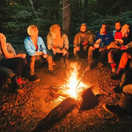 Image similar to angles in heaven looking down onto 6 people around a campfire on earth, dreamy