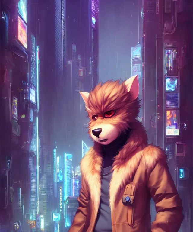 Image similar to male anthropomorphic furry | in cyberpunk city | cute - fine - face, pretty face, key visual, realistic shaded perfect face, fine details by stanley artgerm lau, wlop, rossdraws, james jean, andrei riabovitchev, marc simonetti, and sakimichan, trending on artstation
