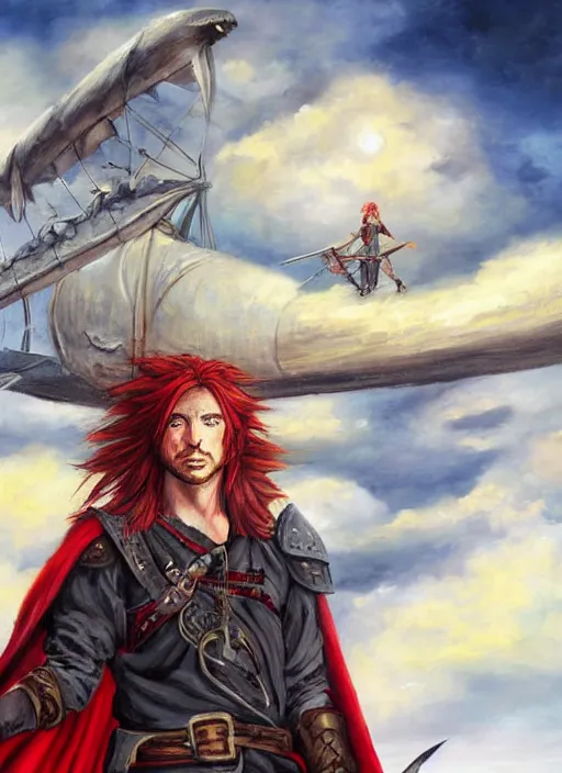Prompt: epic fantasy portrait painting of a long haired, red headed male sky - pirate in front of an airship in the style of the full metal alchemist