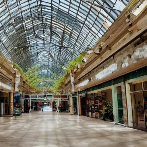 Image similar to a huge indoor mall from a byegone era, the faded signs are all that remains of the nostalgia of the past, the floor is overgrown with moss and vines, the skylight windows were broken open long ago, allowing for sunbeams to stream in, illuminating the ground with a soft glow