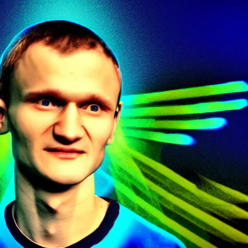 Prompt: vitalik buterin displayed as jesus, halo above his head and angel wings. neon glow around him. colors blue and yellow