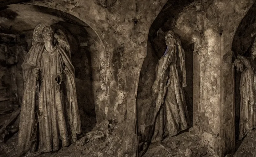 Prompt: several decrepit creepy statues of the archangel gabriel staring and smirking at the camera, placed throughout a dark claustrophobic old catacomb cavern, realistic, underexposed photography, depth of field, wide shot, sinister, bad lighting, foreboding, blurry grainy photo