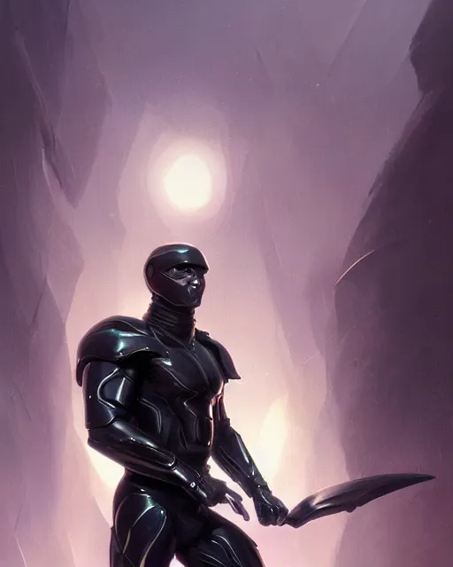 Image similar to muscled character concept of iridescent sinewy smooth muscular male sleek glossy indigo black pearlescent scifi armor with continuous smooth black featureless helmet, by greg rutkowski, mark brookes, jim burns, tom bagshaw, magali villeneuve, trending on artstation