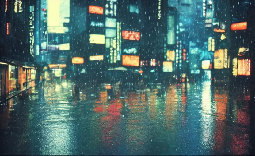 Prompt: Lumière Autochrome, rain falling on Neo-Tokyo 20XX