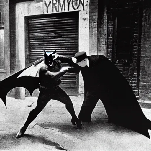 Image similar to old black and white photo, 1 9 2 5, depicting batman fighting a al capone in an alley of new york city, rule of thirds, historical record