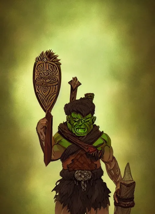 Image similar to Portrait of a Half Orc Druid holding a wooden totem, solid background, Fantasy Art, Dungeons ad Dragons, Frazetta