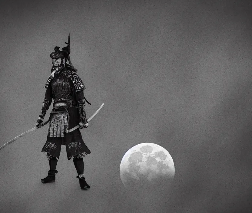 Prompt: '2d design graphic a samurai in the night ,big white moon background , gloomy and foggy atmosphere, octane render, horror scene, highly detailded , black and white ink '