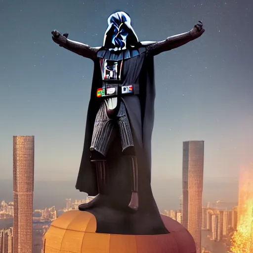 Image similar to a highly detailed picture of, the darth vader as the christo redentor dabbing over rio de janeiro and shouting poggers, ultrawide lens, art by john collier and albert aublet and krenz cushart and artem demura and alphonse mucha, volumetric lighting, octane render, 4 k resolution, trending on artstation, masterpiece