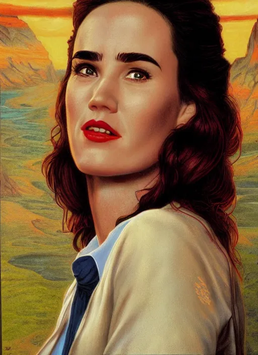 Image similar to portrait of jennifer connelly owner of diner, twin peaks poster art, from scene from twin peaks, by michael whelan, rossetti bouguereau, artgerm, retro, nostalgic, old fashioned