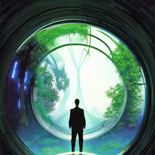 Image similar to portal in a middle of a lush futuristic forest, alien world seen through a portal, person in a cloak standing in front of a portal, syd mead, john harris