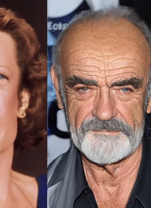 Image similar to genetic combination of sean connery and sigourney weaver, face and shoulders focus