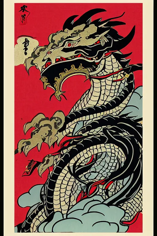 Image similar to samurai dragon in ukiyo-e style print