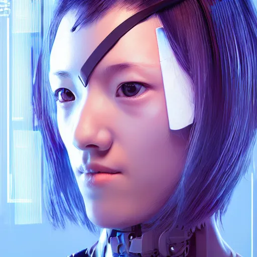 Image similar to realistic portrait 3 d render of a cybernetic enhanced japanese cyberpunk, girl, featured on cgsociety, matte painting, concept art, sharp focus, illustration, studio lighting, art by masayoshi tanaka, akihiko yoshida, kazuya takahashi