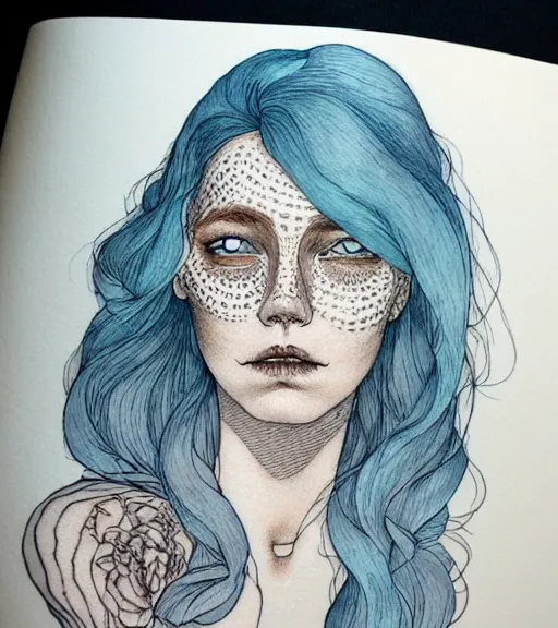 Image similar to portrait of a woman raised on the island face tatooes by kaethe butcher, dynamic lighting, gradient light blue, brown, blonde cream and white color scheme, grunge aesthetic