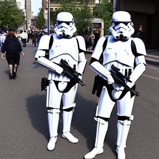 Prompt: two stormtroopers taking pictures with women on the street