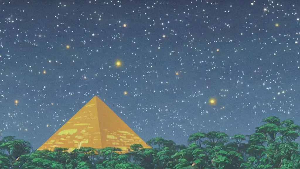 Prompt: a movie still from a studio ghibli film showing a huge glowing pyramid in the rainforest with a floating gold capstone on a misty and starry night. by studio ghibli