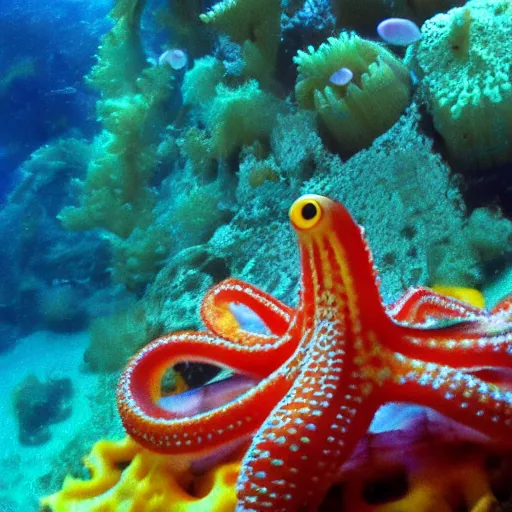 Prompt: Octopus made of corn, 35mm photo taken underwater, coral reef in the background