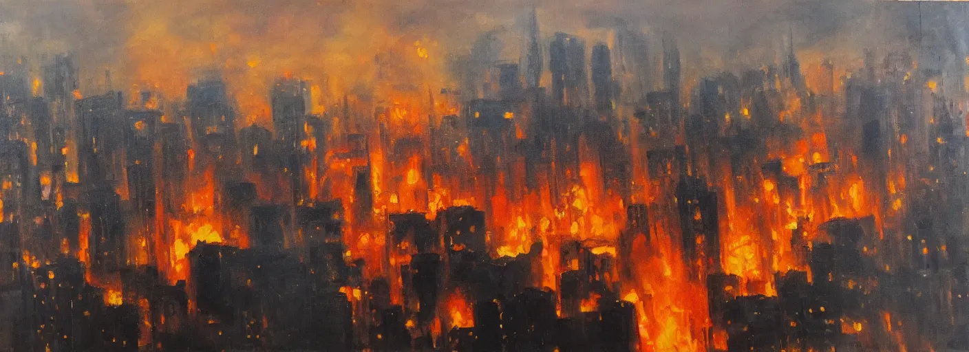 Image similar to a city on fire, oil on canvas