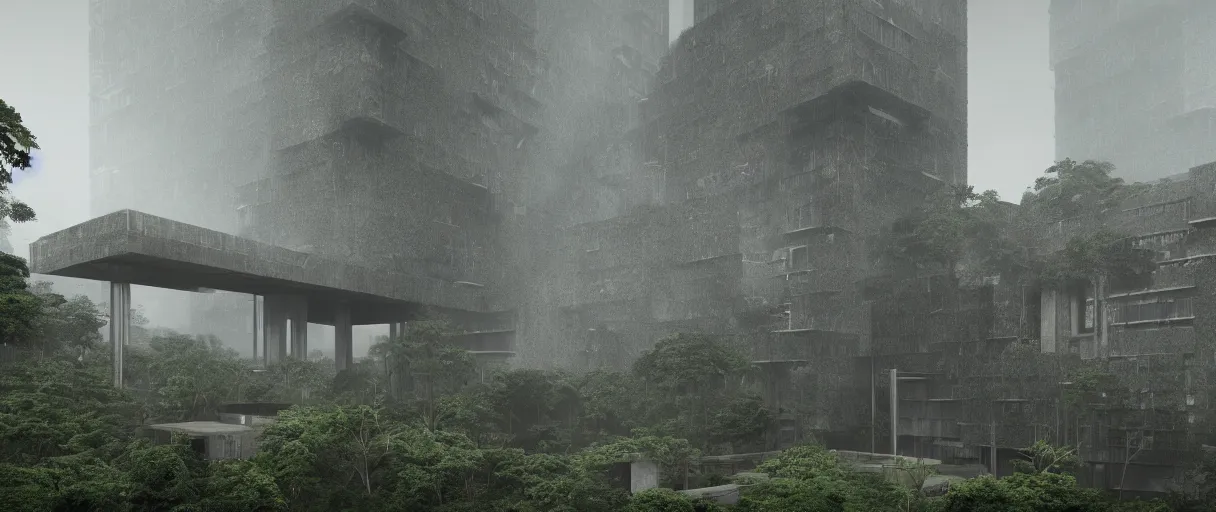 Image similar to brutalist architecture inspired by louis kahn deep in the rainforest. nature is taking over. matte painting by ivan laliashvili. unreal engine 5 render. mist. cinematic.