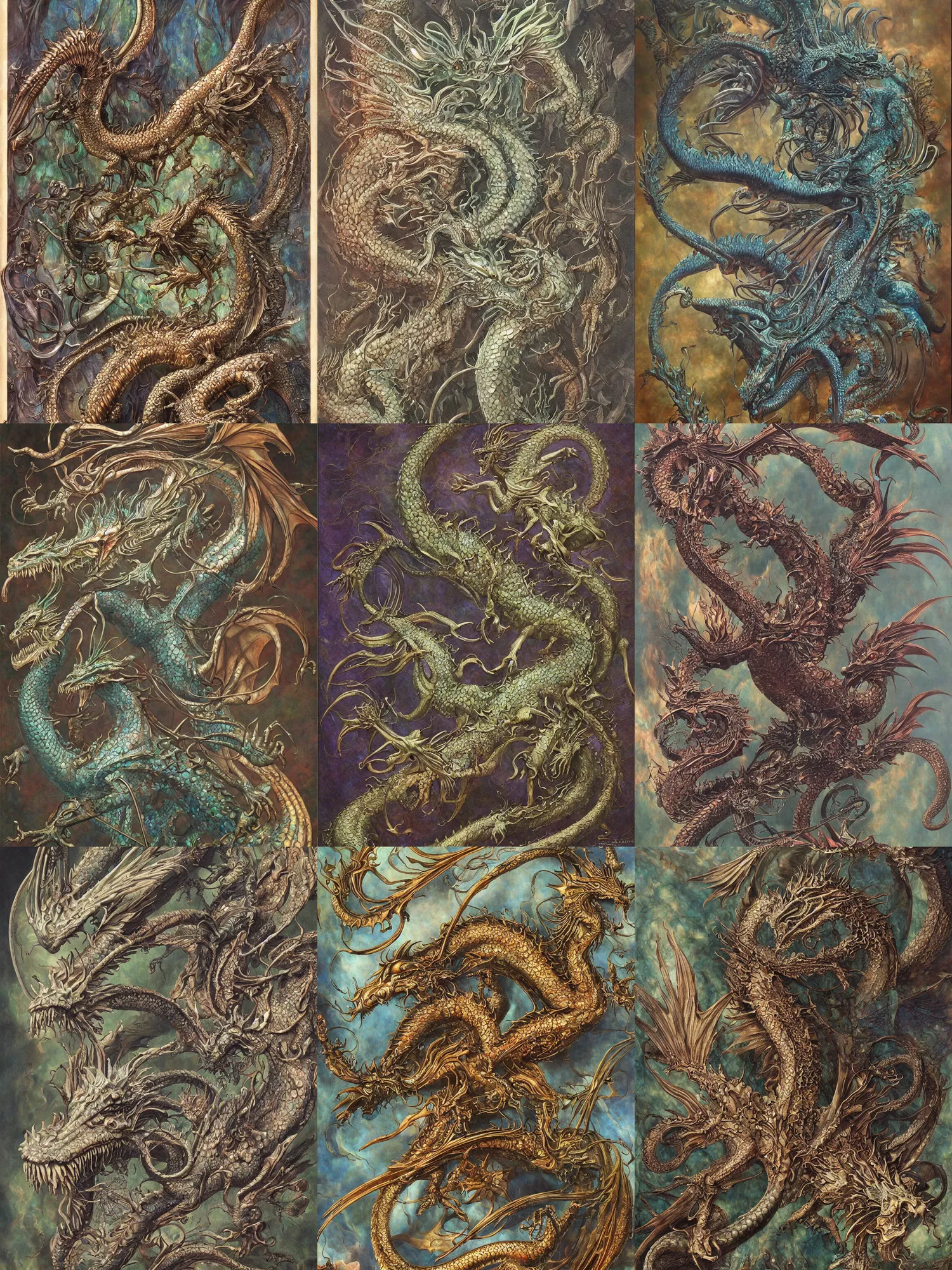 Prompt: A painting of a dragon. an airbrush painting by Earnst Haeckel and Louis Comfort Tiffany and H R Giger, trending on zbrush central, cloisonnism, high detail, detailed painting, opalescent.