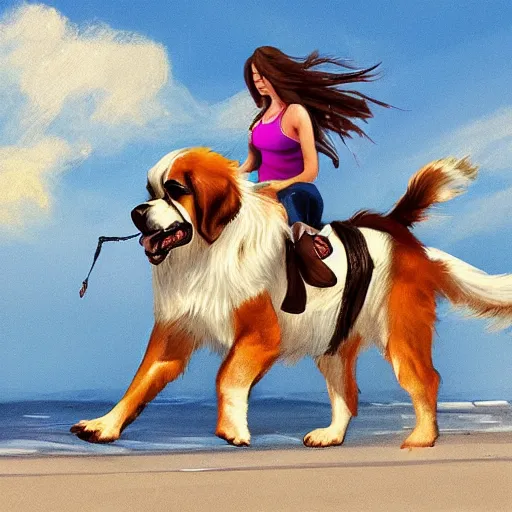 Image similar to girl riding a giant saint Bernard at the beach catching a frisbee, trending on artstation