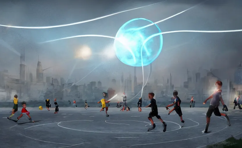 Image similar to young boys playing football and a spiral - shaped white luminous attractor is floating on the horizon in soviet city, concept art, art for the game, professional lighting, art by jehronym bosch