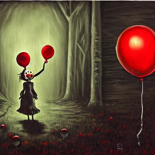 Image similar to grunge painting of creepypasta with a wide smile and a red balloon by chris leib, loony toons style, pennywise style, corpse bride style, horror theme, detailed, elegant, intricate, Atmospheric phenomenon, conceptual, volumetric light