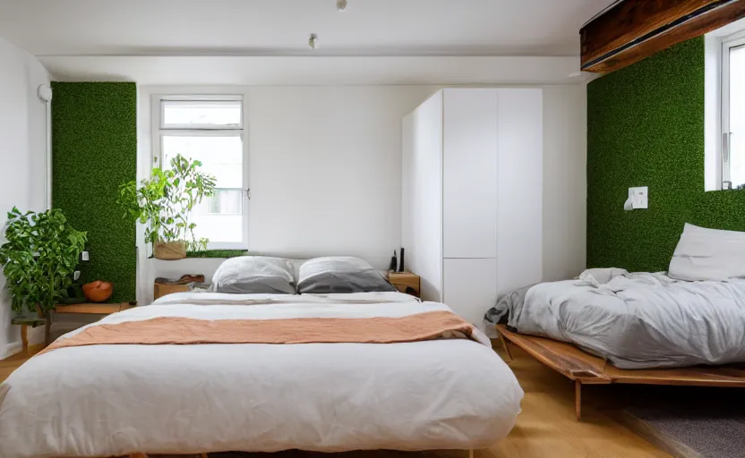 Image similar to interior of a compact bedroom in an apartment building, bed, green wall, cupboards, japanese design, swedish design, natural materials, minimalism, pine wood, earth colors, feng shui, rustic, white, beige, bright, plants, windows with a view of a green park, modernist, 8 k