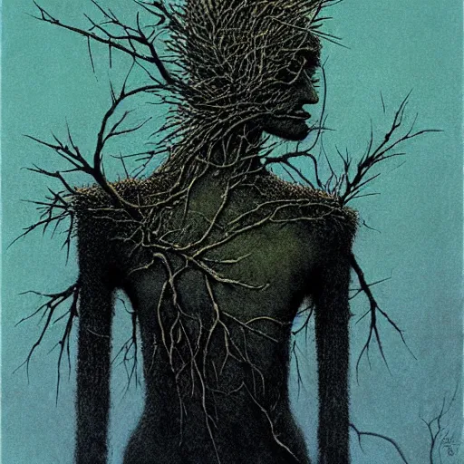 Prompt: crow girl in thorns by Beksinski