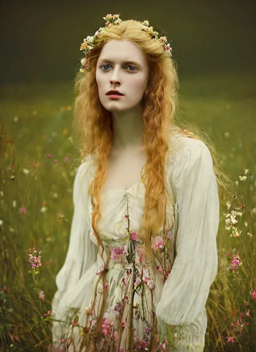 Prompt: kodak portra 1 0 0 photo medium portrait of a pre - raphaelite blond beautiful woman, dress in flowers, dreamy mood, fine art photography in style of nicholas fols, 1 5 0 mm, emotionally evoking, head in focus, stormy clouds outdoor, matt mute colour background, volumetric lighting, hyper realistic, ultra detailed