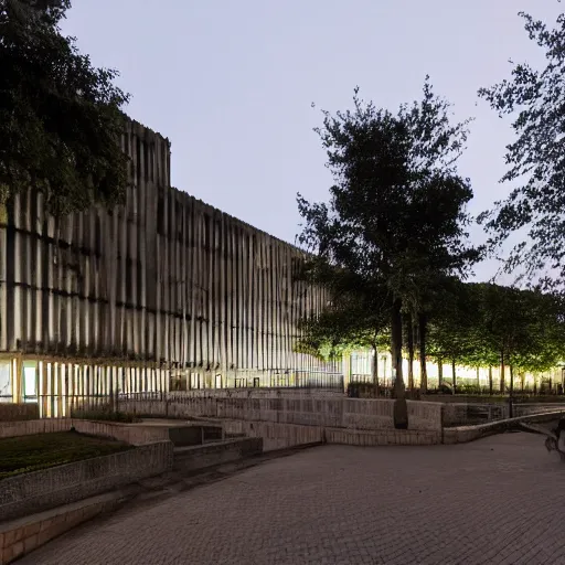 Image similar to a furturistic brutalist complex built in brutalism architecture, ten by ten kilometers large, with lush gardens and forests between the buldings, diverse unique building geometry full of shapes and corners, photography at night