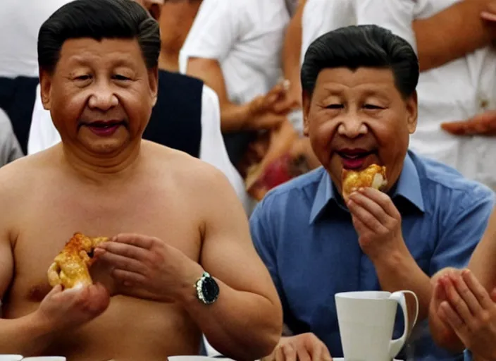 Prompt: shirtless xi jinping eating chicken surrounded by papperazi