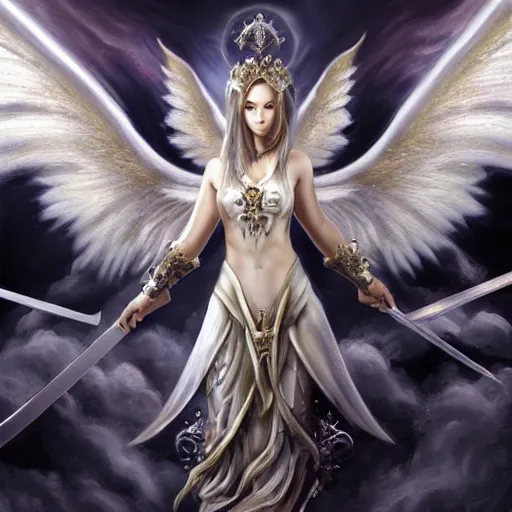 Image similar to an airbrush painting, an ultrafine detailed painting, of a white angel holding a sword and a sword, digital art by Anne Stokes, and by Hsiao-Ron Cheng , and by deviantart and by An Gyeon. Featured on devianart, featured on cgsociety, fantasy art, angelic photograph, wiccan, daz3d, mystical, tarot card, deviantart, artstation hd