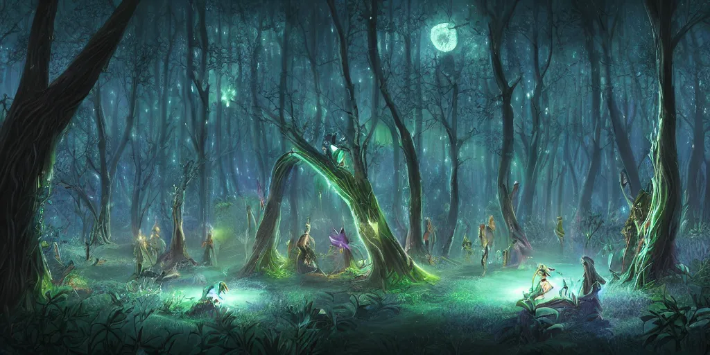 a lively bioluminescent enchanted elven forest at