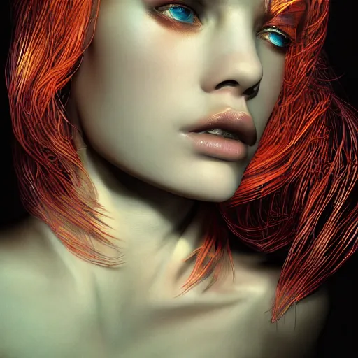 Image similar to the portrait of an absurdly beautiful, graceful, elegant, sophisticated, fashionable cyberpunk gravure idol, an ultrafine hyperdetailed illustration by irakli nadar, intricate linework, bright colors, porcelain skin, unreal engine 5 highly rendered, global illumination, radiant light, detailed and intricate environment