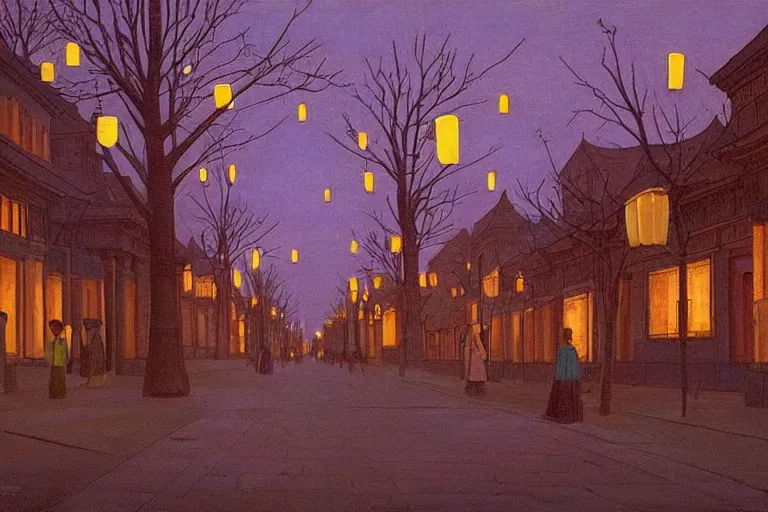 Image similar to tree-lined street at twilight in a very old very beautiful city by Thomas Seddon and Nicholas Roerich, glowing paper lanterns, strong dramatic cinematic lighting , ornate tiled architecture, lost civilizations, smooth, sharp focus, extremely detailed