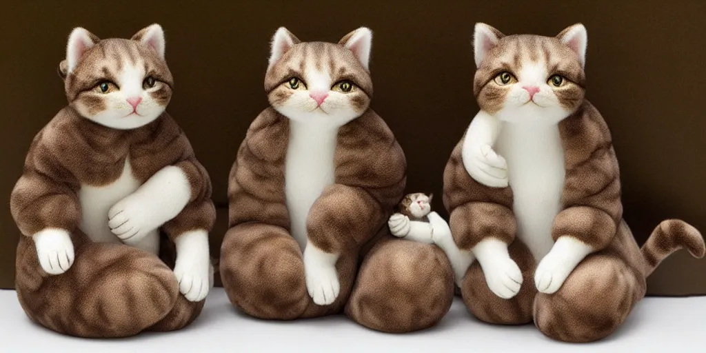 Image similar to 3 d precious moments plush cat with realistic fur, in a village made of precious moments porcelain figures, precious moments hawthorne village, master painter and art style of john william waterhouse and caspar david friedrich and philipp otto runge