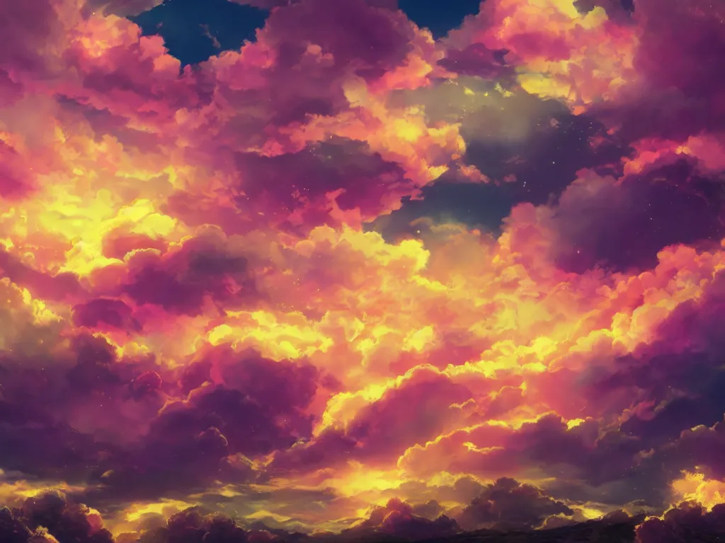 Image similar to pink and yellow anime sky clouds, fantasy, artwork, aesthetic, calming, very beautiful scenery, hd, hdr, ue5, ue6, unreal engine 5, cinematic, 4k wallpaper, 8k ultra,