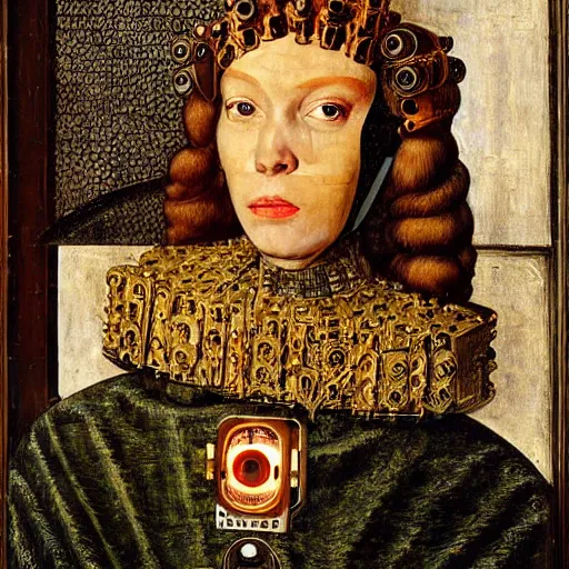 Image similar to a portrait of cyborg queen jacked into a man-machine interface by Jan van Eyck