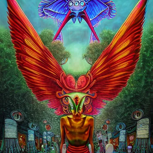 Image similar to 8K Portrait of centered chest up of a psychedelic godlike mothman with giant mandala wings smoking a hand-rolled cigarette smoking heavily , magic mushroom village in background , post-processing , award winning. superb resolution. in the art style of junji Ito and greg rutkowski . Detailed Mushroom city in background. Hyper realistic anime. Perfect art. Dalle2