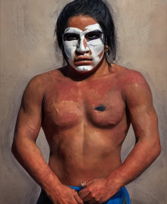 Prompt: heroic portrait of a young mexican wrestler. art by denys tsiperko and bogdan rezunenko, hyperrealism