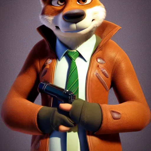 Image similar to portrait, 3 d render, anthropomorphic coyote male, wearing along brown leather maxi coat, holding a gun, in the style of zootopia