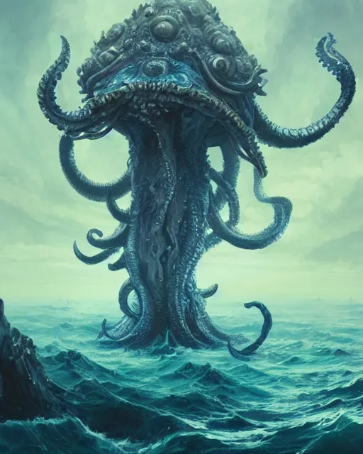 Image similar to A blue Kraken in the sea, highly detailed, fantasy art, female art, in the style of greg rutkowski, illustration, epic, fantasy, intricate, hyper detailed, artstation, concept art, smooth, sharp focus, ray tracing