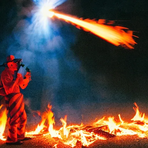 Image similar to photo of a clown using a flamethrower projecting a long bright flame towards a fire