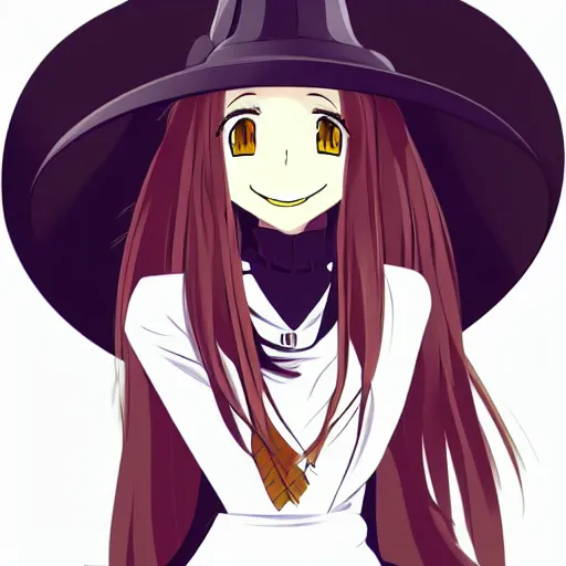 Prompt: an anime drawing of a happy woman in a very large oversized witch hat, anime styled, cute