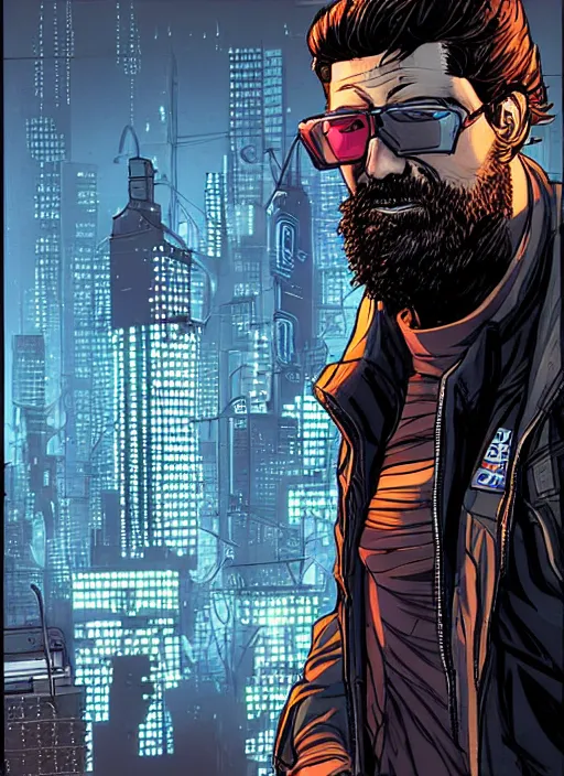 Image similar to dangerous Ezra. smug cyberpunk hacker with a beard and cyberpunk eyepiece. attractive face. Realistic Proportions. Concept art by James Gurney and Laurie Greasley. Moody Industrial skyline. ArtstationHQ. Creative character design for cyberpunk 2077.