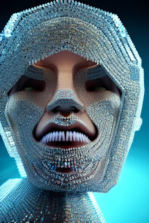 Image similar to hyperrealism, dreamland of chinese, halfturn portrait of a big crystal face made of crystals half - turn, ominous, slender and densely arranged teeth, futuristic, art deco, expressive, dystopian, cyberpunk, mecha, sss material, ominous, intricate, oc rendered, concept art, photorealistic, unreal engine render