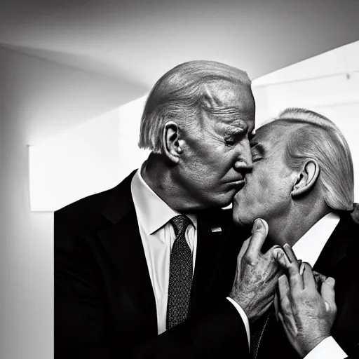 Prompt: passionate kiss biden with trump editorial photoshoot green lighting stylish vouge